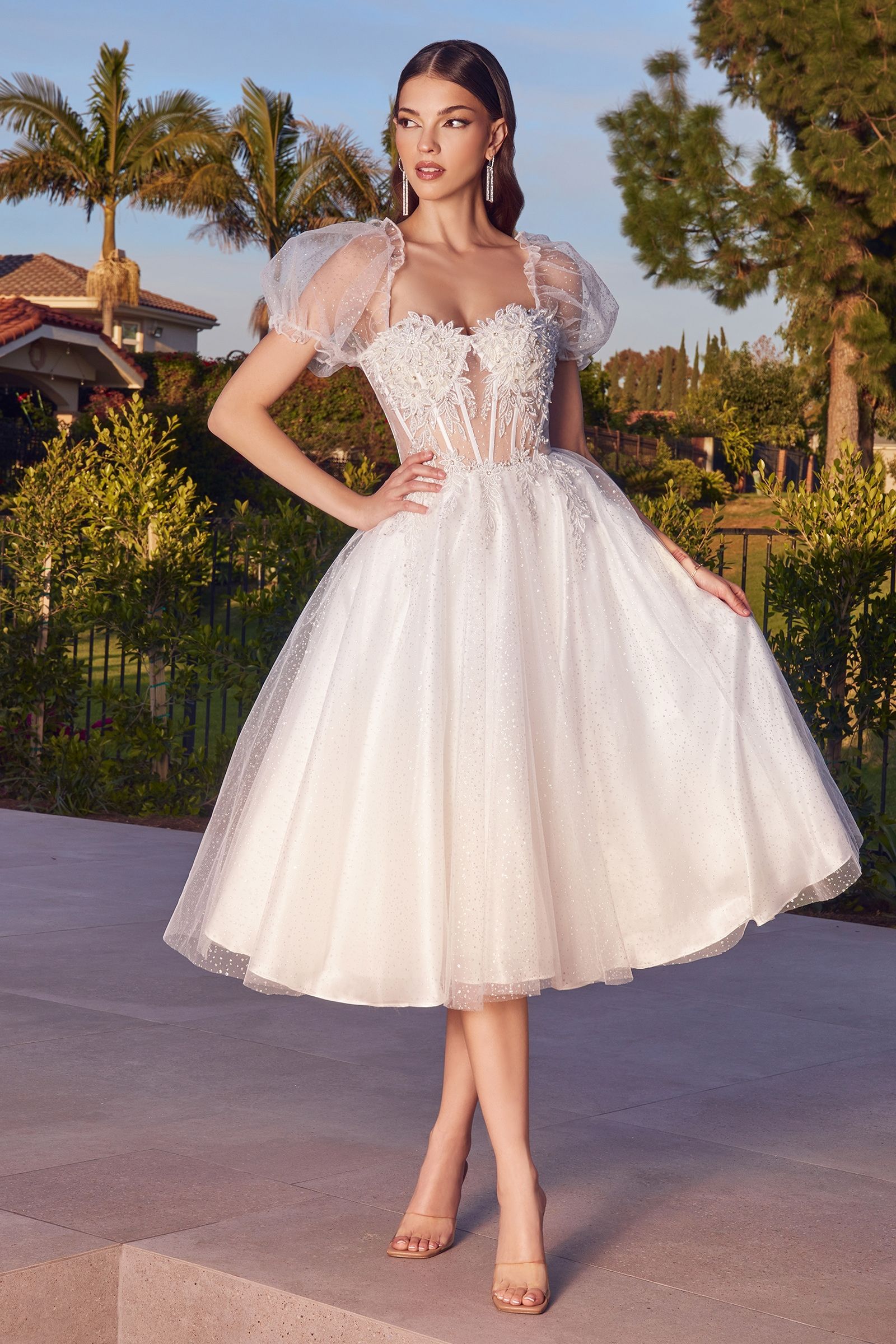 White | Puff Sleeve Short Tulle Dress with Corset Bodice & Glitter Skirt CDCD0187W-0